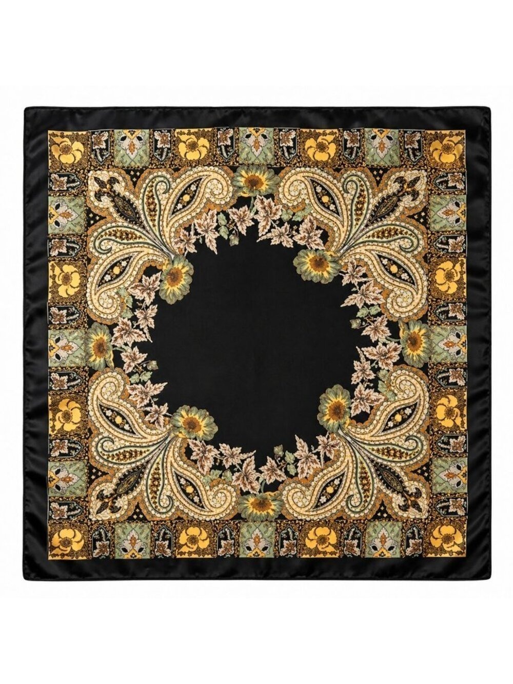 Luxury Paisley Floral Satin Scarf for Women  35” Square Black Gold Sage Green